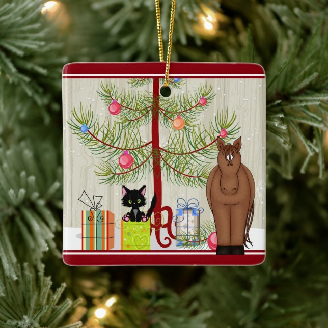 Personalisiertes Niedliches Brown Horse and Kitten Keramikornament (Baum)