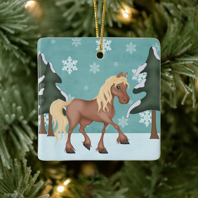 Personalisiertes Niedliches Brown Horse Snowy Keramikornament (Baum)