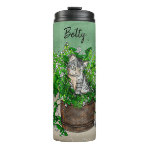 Personalisiertes Niedliches Kitten in Catnip Pot Thermosbecher