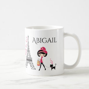 Personalisiertes Niedliches Mädchen und Katze Eiff Kaffeetasse