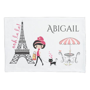 Personalisiertes Niedliches Mädchen und Katze Eiff Kissenbezug