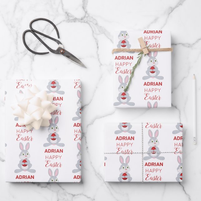 Personalisiertes Niedliches Osterkaninchen Rotes O Geschenkpapier Set (Vorderseite)
