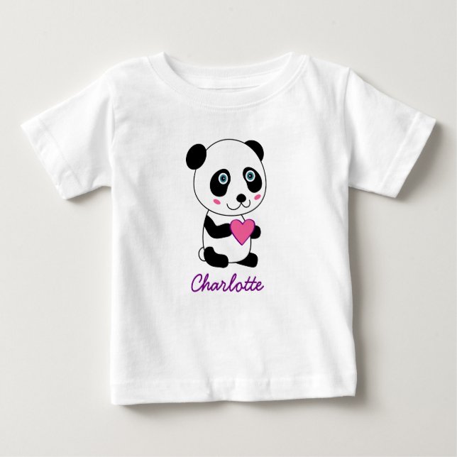 Personalisiertes Niedliches Panda mit rosa Herz Baby T-shirt (Vorderseite)