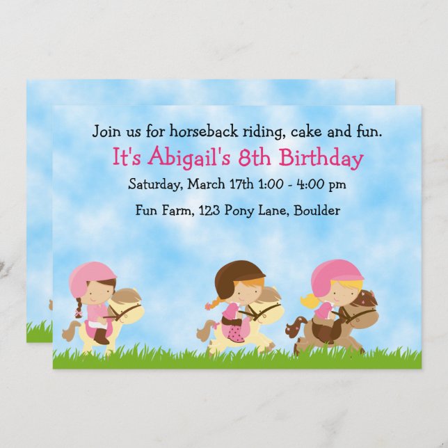 Personalisiertes Niedliches Reiten Girls Geburtsta Einladung (Vorne/Hinten)