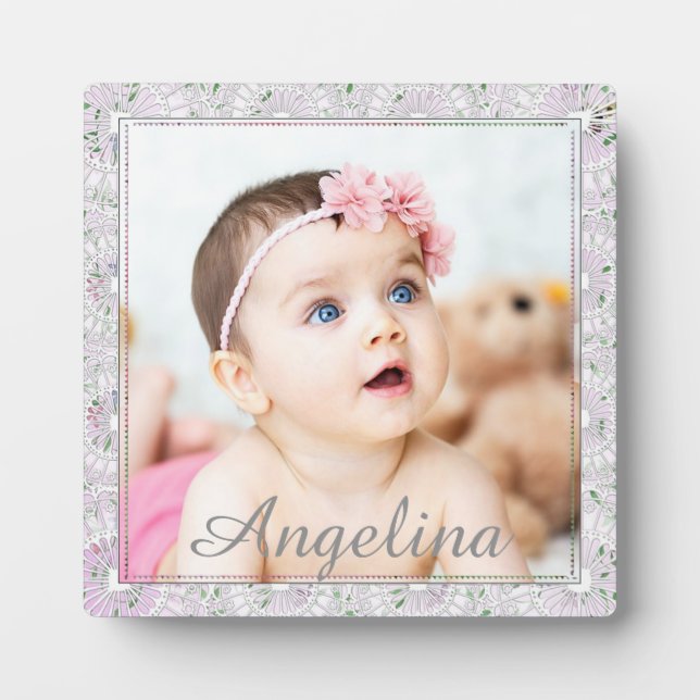 Personalisiertes niedliches Rosa und Grau Baby Fot Fotoplatte (Vorderseite)