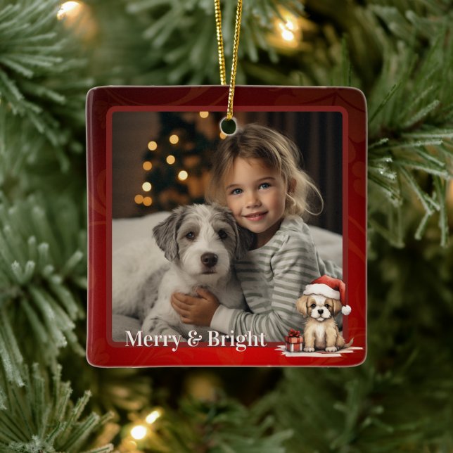Personalisiertes Niedliches Santa Puppy Foto Keramikornament (Baum)