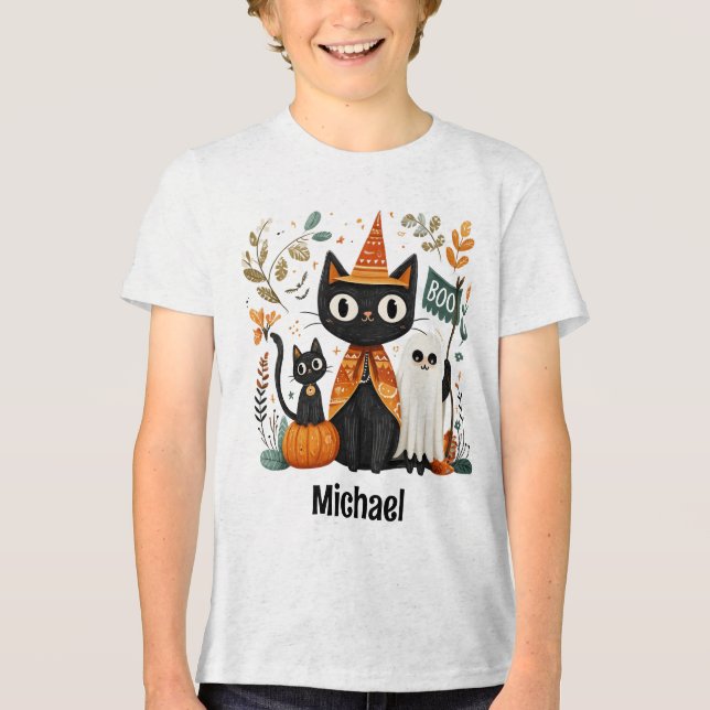 Personalisiertes Niedliches Schwarzes Katzen und G Tri-Blend Shirt (Vorderseite)