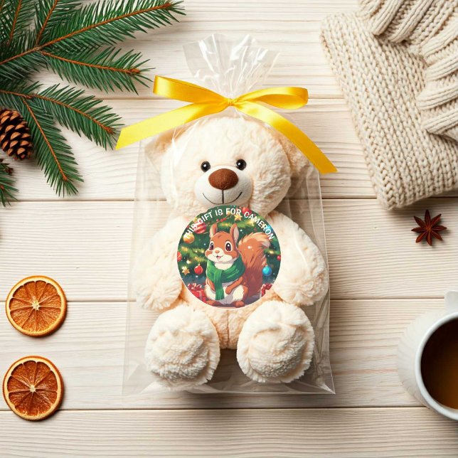 Personalisiertes Niedliches Weihnachtshörnchen Runder Aufkleber (Personalized Cute Christmas Squirrel Classic Round Sticker.)