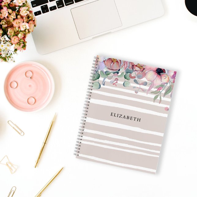 Personalisiertes Notebook mit Blumen und Streifen Notizbuch (Von Creator hochgeladen)