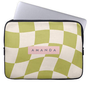 Personalisiertes Olivgrün Retro Kariert Welle Laptopschutzhülle