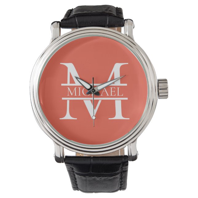 Personalisiertes Orange Monogramm und Name Armbanduhr (Vorderseite)