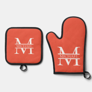 Personalisiertes Orange Monogramm und Name Ofenhandschuh & Topflappen-Set