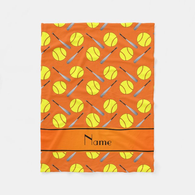 Personalisiertes orange Softballnamensmuster Fleecedecke (Vorderseite)