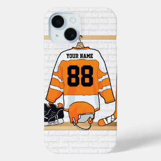Personalisiertes Orange- und Weißeisenhockey Jerse iPhone 15 Hülle