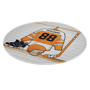Personalisiertes Orange- und Weißeisenhockey Jerse Schneidebrett