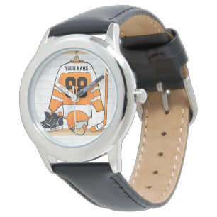 Personalisiertes orange und weißes Eis-Hockey Armbanduhr