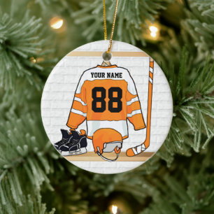 Personalisiertes orange und weißes Eis-Hockey Keramikornament