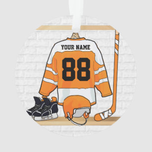 Personalisiertes orange und weißes Eis-Hockey Ornament