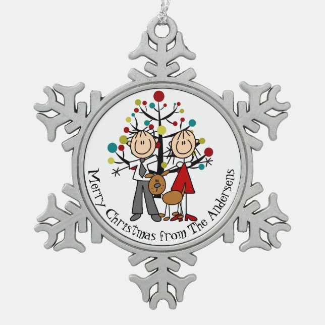Personalisiertes Paar mit Hundeschneeflocke Schneeflocken Zinn-Ornament (Vorderseite)