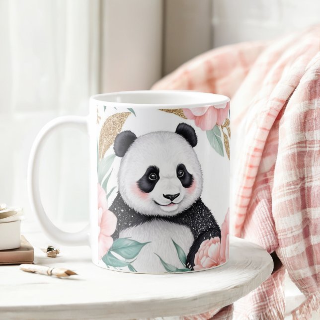 Personalisiertes Panda mit Blumenrahmen Kaffeetasse (Von Creator hochgeladen)