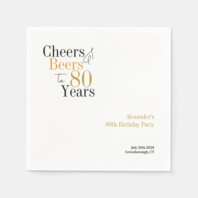 personalisiertes Party "Cheers and Bers" am 80. Ge Serviette (Vorderseite)