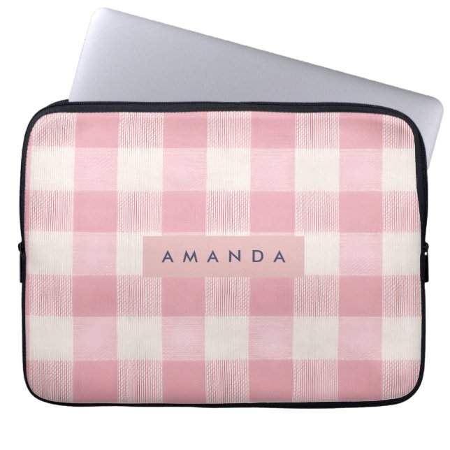 Personalisiertes Pastell-Rosa Gingham Laptopschutzhülle (Vorderseite)