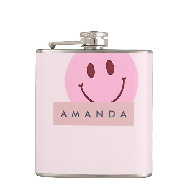 Personalisiertes Pastellrosa Smiley Gesicht Flachmann (Vorderseite)