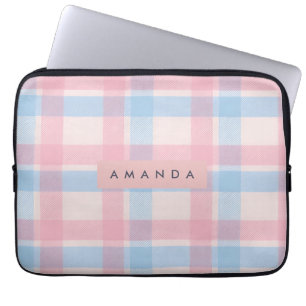 Personalisiertes Pastellrosa und Blau Kariert Laptopschutzhülle