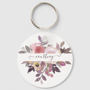 Personalisiertes pastellrosa und lila floral schlüsselanhänger