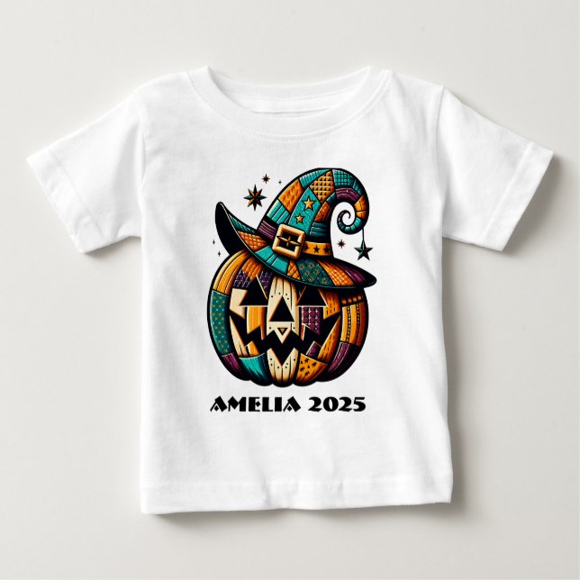 Personalisiertes Patchwork Pumpen Halloween Baby T-shirt (Vorderseite)