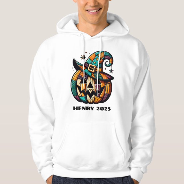 Personalisiertes Patchwork Pumpen Halloween Hoodie (Vorderseite)