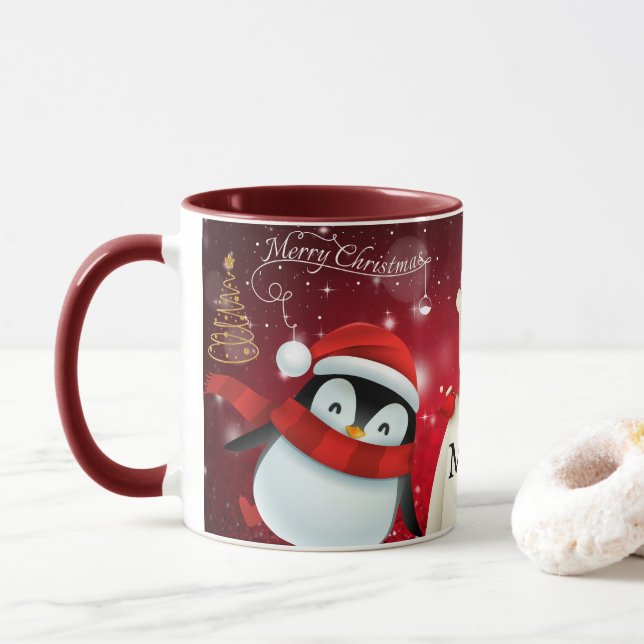 PERSONALISIERTES PENGUIN & BEAR MERRY CHRISTMAS KA TASSE (Mit Donut)