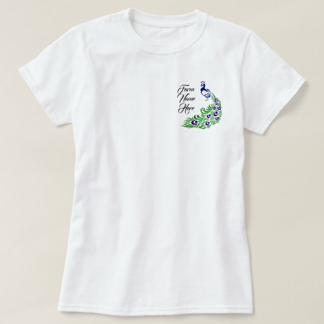 Personalisiertes Pfauenfarm-Logo T-Shirt (Design vorne)