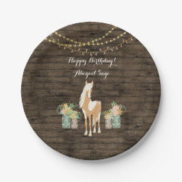 Personalisiertes Pferd, Blume Rustikales Holz Gebu Pappteller
