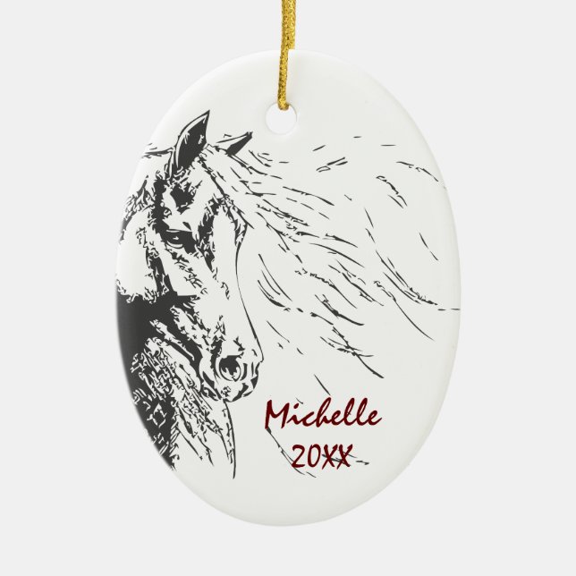 Personalisiertes Pferd Sketch Weihnachten Keramik Ornament (Vorne)