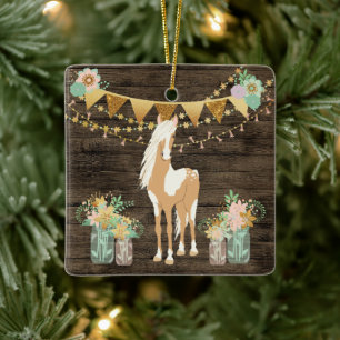 Personalisiertes Pferd und Blume Rustikale Weihnac Keramikornament