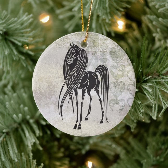 Personalisiertes Pferd und Grunge Herzstück Keramik Ornament (Baum)
