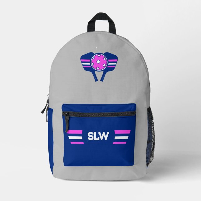Personalisiertes Pickleball Blau und Hot Pink Bedruckter Rucksack (Vorderseite)