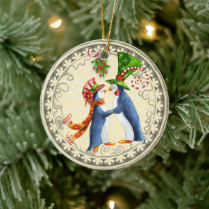 Personalisiertes Pinguin-Paar Mistelzweig Weihnach Keramikornament