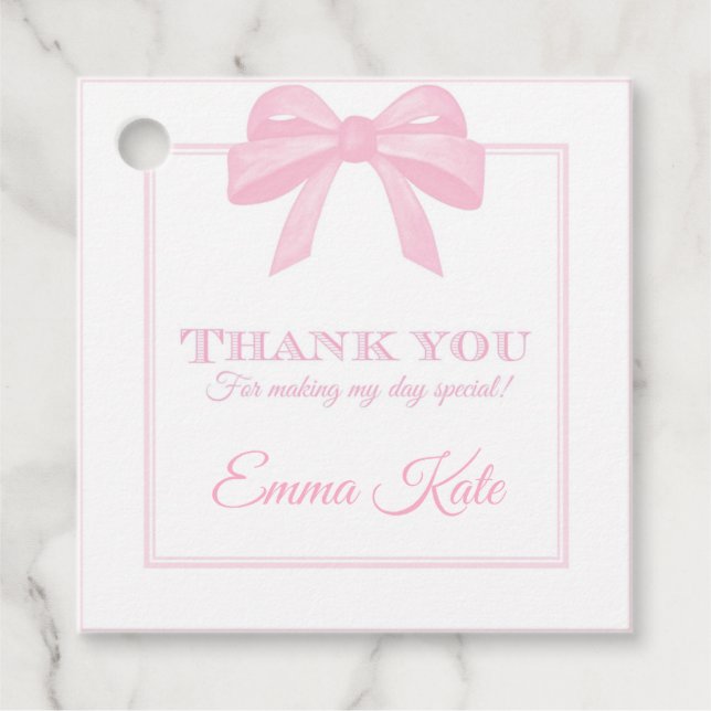 Personalisiertes Pink Bow Gastgeschenk Vielen Dank Geschenkanhänger (Vorderseite)