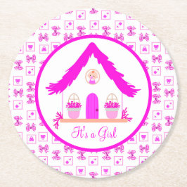 Personalisiertes Pink House Es ist ein Mädchen Runder Pappuntersetzer
