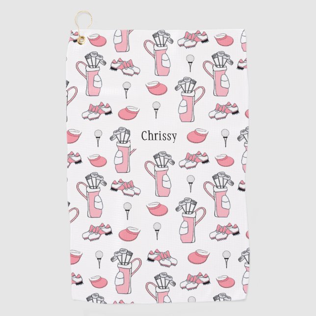 Personalisiertes Pink und White Golf Theme Ladys Golfhandtuch (Vorderseite)