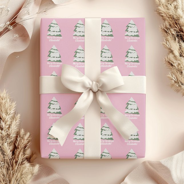 Personalisiertes Pink Weihnachtsbaumwrapping Paper Geschenkpapier (Pink Snow Christmas Tree Wrapping Paper)