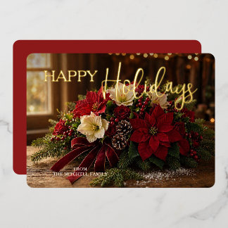 Personalisiertes Poinsettia-Blumenstrauß-Foto Gold Folien Feiertagskarte