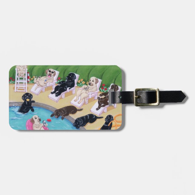 Personalisiertes Poolside-Party Labradors Gepäckanhänger (Vorderseite horizontal)