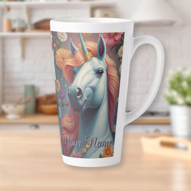 Personalisiertes Portrait der Blume White Unicorn Milchtasse (Personalized White Unicorn Flower Portrait Latte Mug)
