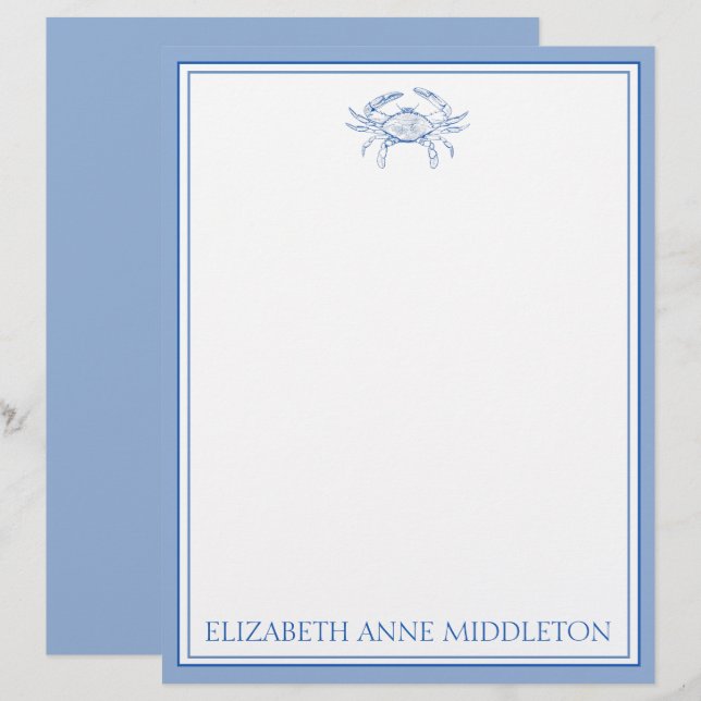 Personalisiertes Preppy Blue und White Crab an der Briefbogen (Vorne/Hinten)