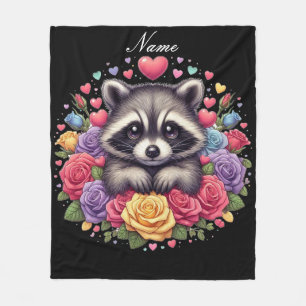 Personalisiertes Raccoon mit Blume und Herz Fleecedecke