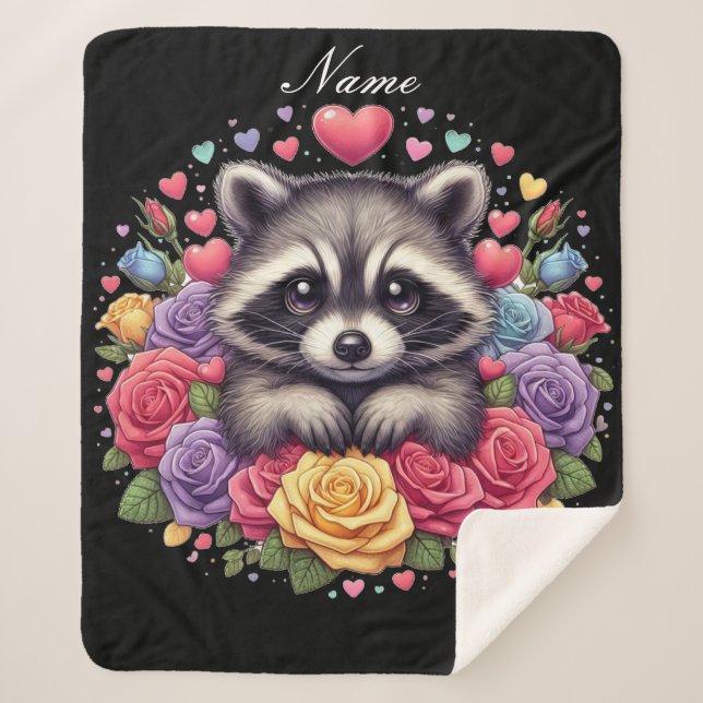 Personalisiertes Raccoon mit Blume und Herz Sherpadecke (Vorderseite)