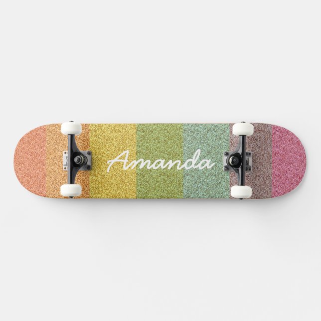 Personalisiertes Rainbow Glitzer Skateboard mit Na (Horizontal)